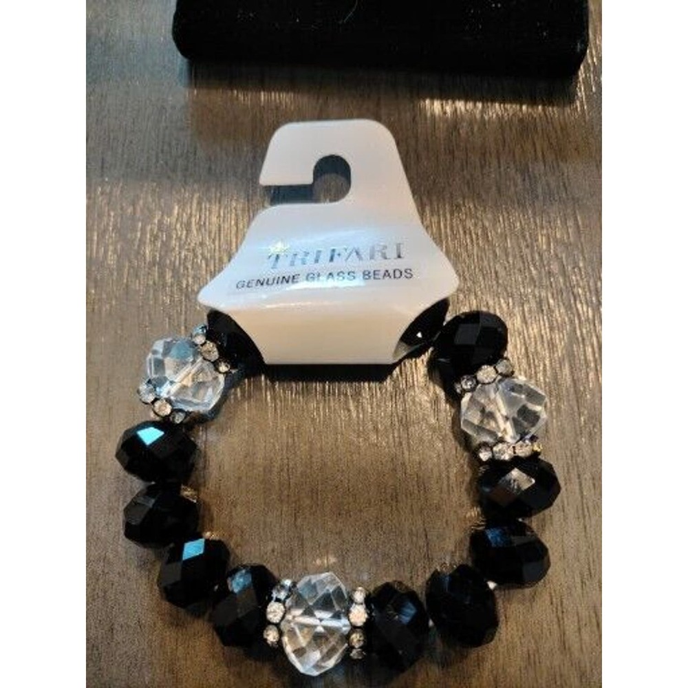 TRIFARI BLACK CLEAR 1/2" CHUNKY BEADED STRECH BRACELET & EARRINGS GORGEOUS